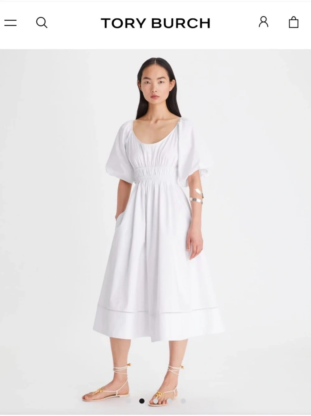 Tory Burch White Scoop-Neck Puff-Sleeve Midi Dress